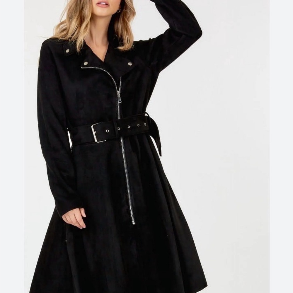 Women's Black Belted Trench Coat with Zip Detail